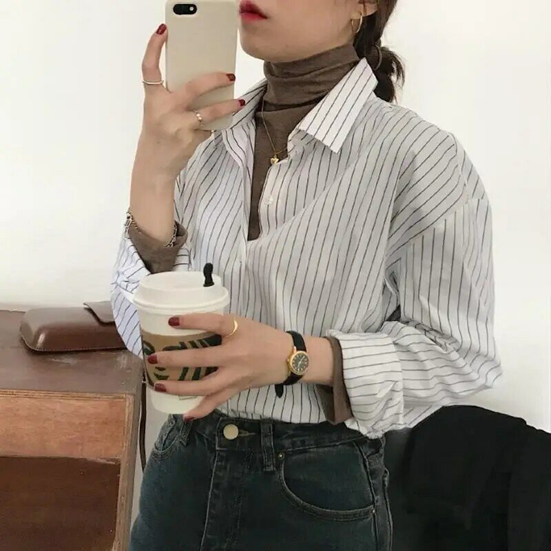2024 Summer Women's New Patchwork Square Collar Button Striped Fashion Slim Fit Comfortable Casual All-match Long Sleeved Shirts