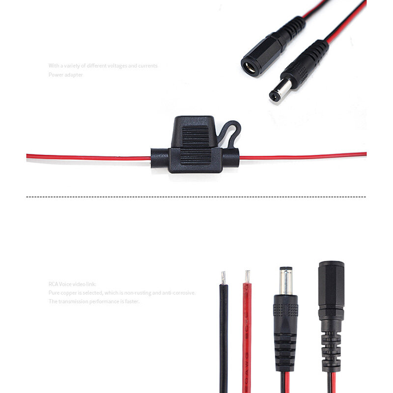 20awg 5A skrzynka bezpieczników do otwarta końcówka przewód elastyczny kabel pigtailowy prądu stałego 5.5x2.1 wtyk męski z bezpiecznikiem