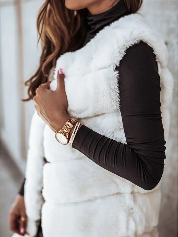 Women Luxury Faux Fur Vest Imitation Mink Fleece Sleeveless Long Cardigan Plaid Puff Coat Plush Tops