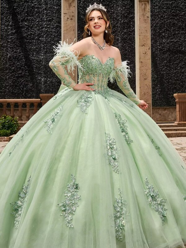Glitter Sequins Appliques Quinceanrra Prom Dresses Detachable Sleeve Princess Long Green Elegant Bow Sweet 16 Dress Vestidos