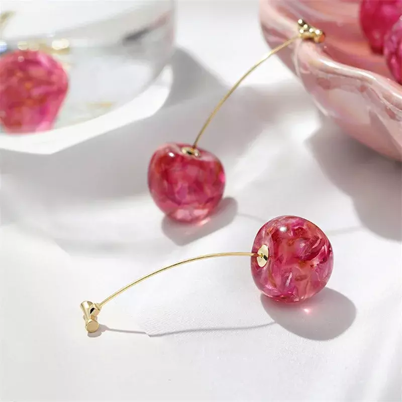 Gold Alloy Transparent Green Pink Purple Red Cherry Clip-on Earrings Party Jewelry Transparent Resin Cherry Earrings Women Girls