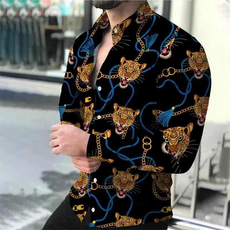 Camisa de manga larga con estampado de leopardo para hombre, traje informal con solapa y botones a la moda, talla europea, gran oferta, 2023