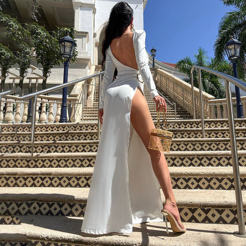 New European And American Sexy Bandage Dress Slim Solid Color Long-Sleeved Open-Back Split Dress Is Thin Long Skirt Light Dress
