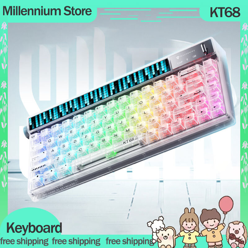 KT68 Pro Keyboard mekanis, dengan layar 3 Mode USB/2.4G/Bluetooth nirkabel Keyboard Hot-Swap TTC Kailh Switch RGB untuk PC Laptop