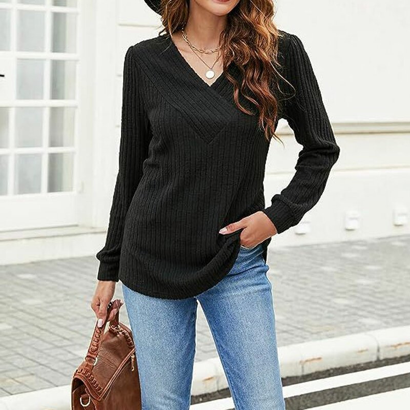 New Autumn and Winter Women's Large Size Long-sleeved V-neck Casual Tops Women's Sweatshirts