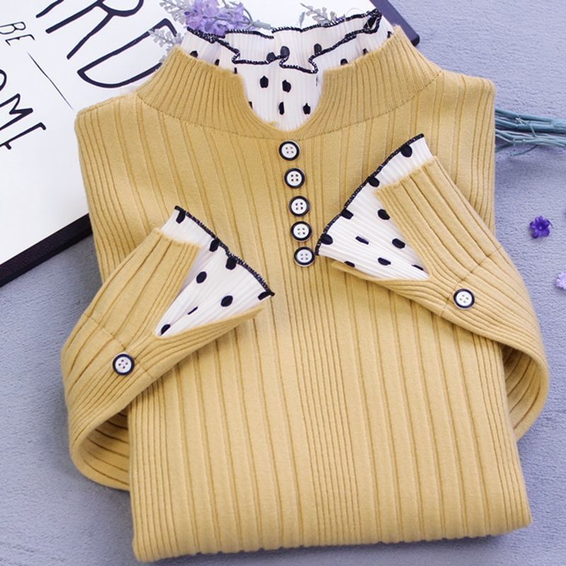 Basic Solid Color Knitted Sweaters Fashion Polka Dot Spliced Women's Clothing Autumn Winter Casual Half High Collar Slim Jumpers