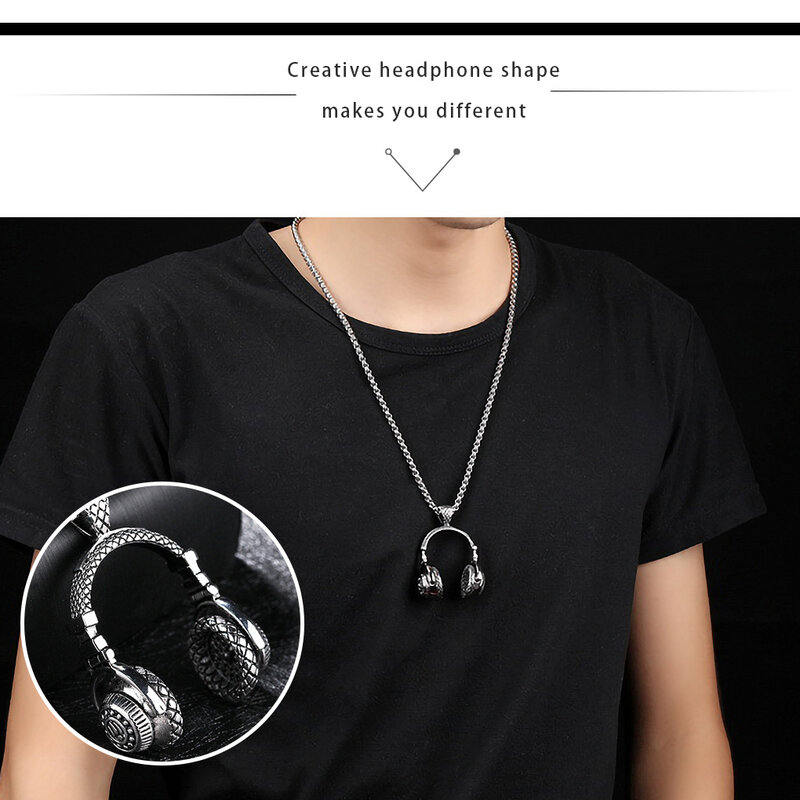 DJ Music Headphone Pendant Necklace Long Neck Chain Men Women Hip Hop Rock Jewelry Gift, Black