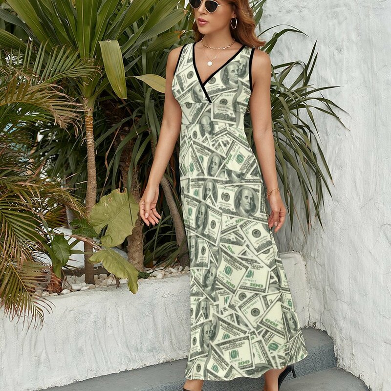 100 دولار أمريكي ، دولار أمريكي فاتورة هدية بلا أكمام فستان نسائي صيفي طويل فستان طويل فساتين نسائية أنيقة