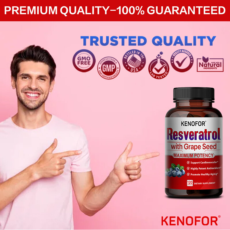 Ekstrak Resveratrol, suplemen antioksidan untuk kesehatan jantung dan sel, mendukung sistem kekebalan tubuh dan kulit sehat, 120 kapsul