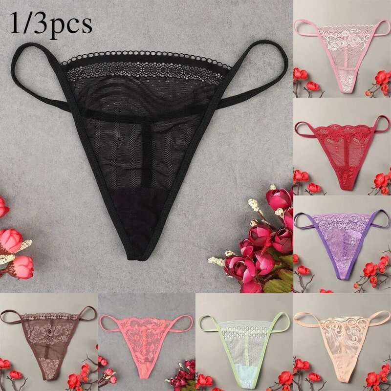 3PCs Women Sexy Underwear Transparent Lace Thongs Erotic Lingerie G-string Panties V-string Knickers Ultra Thin Sensual Briefs