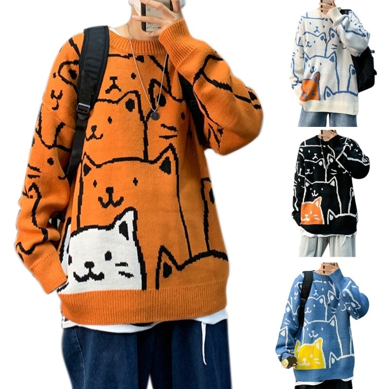 Suéter de manga larga Harajuku para hombre, jersey con estampado de dibujos animados de gato, Top de Hip-Hop, prendas de punto sueltas de gran tamaño, ropa de calle de cuello redondo