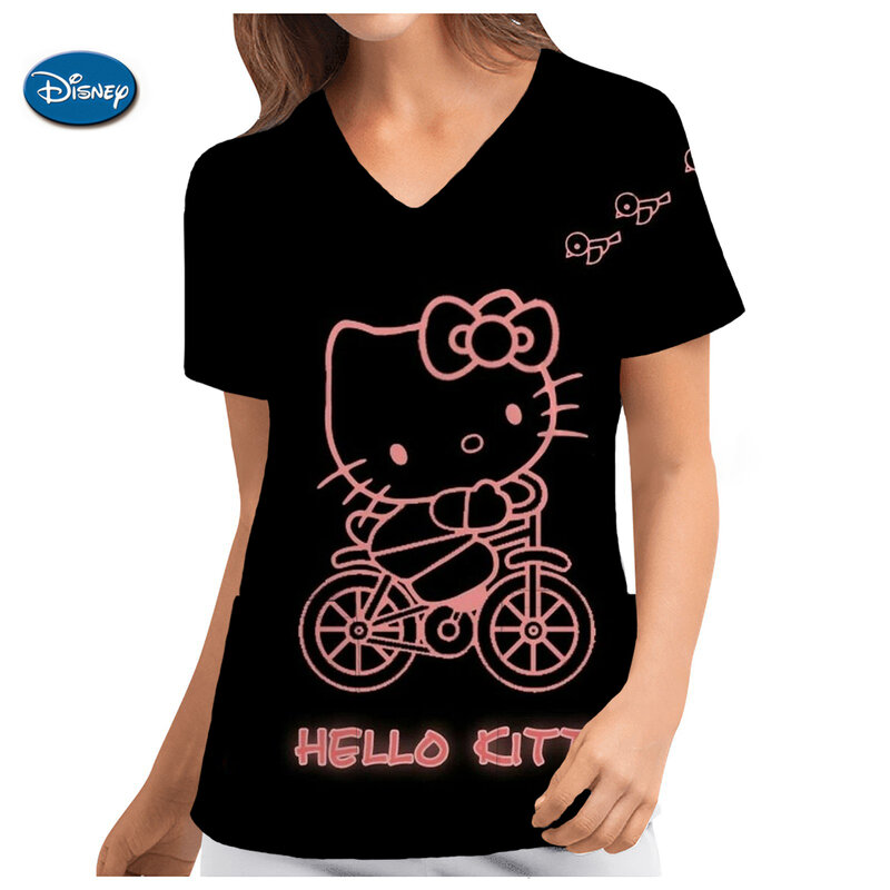 Hello Kitty ชุดยูนิฟอร์มเสื้อคลุมสำหรับพยาบาลแขนสั้นชุดยูนิฟอร์มทางการแพทย์ลาย Kuromi กระเป๋าใส่ทำงานชุดพยาบาลคลินิก