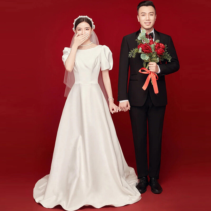 Korea Style Ivory O-neck A-line Wedding Dresses For Women Stain Zipper robe de mariée Bridal Gowns Simple vestidos de novia