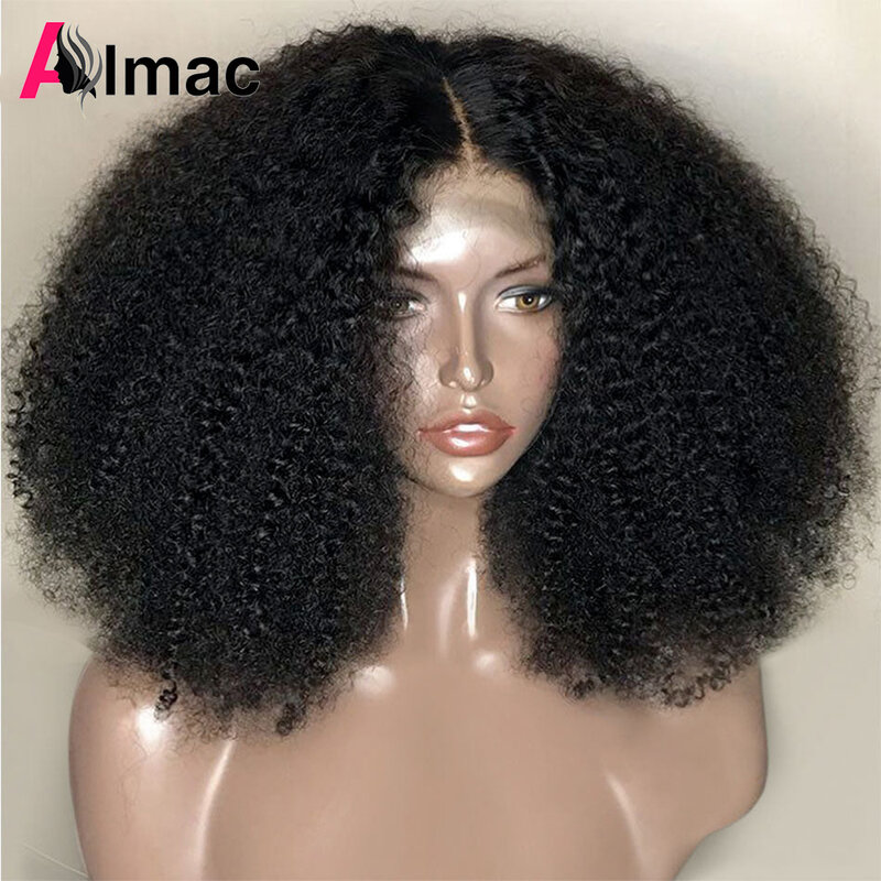 Perucas de Cabelo Afro Kinky Curly para Mulheres, Densidade 250%, Peruca Parte T com Renda Transparente, Cabelo Indiano Remy, Peruca Frontal 13x4, 4x1