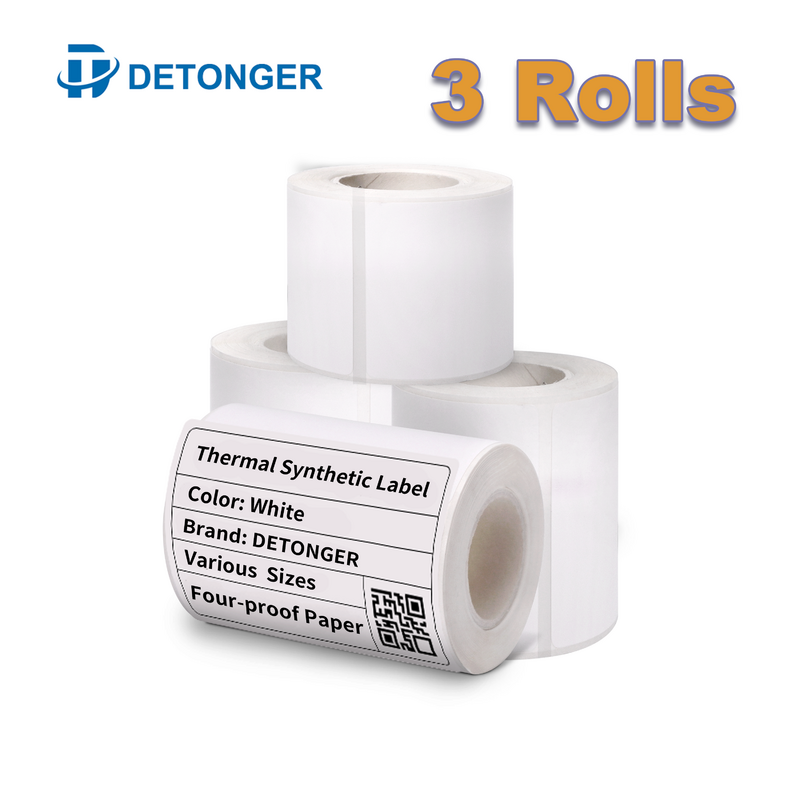 Papéis de etiqueta adesiva térmica para DETONGER, adesivo resistente ao rasgo, impermeável Oilproof adesivo, P1, DP23, DP30, DP80, 3 rolos