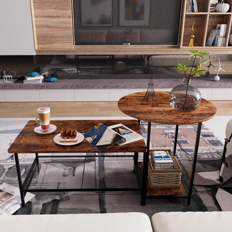 Huhote โต๊ะกาแฟ2ชั้น, โต๊ะขนาดใหญ่พร้อมกรอบโลหะสำหรับห้องนั่งเล่นระเบียงห้องโดยสารห้องนอนห้องรับประทานอาหาร