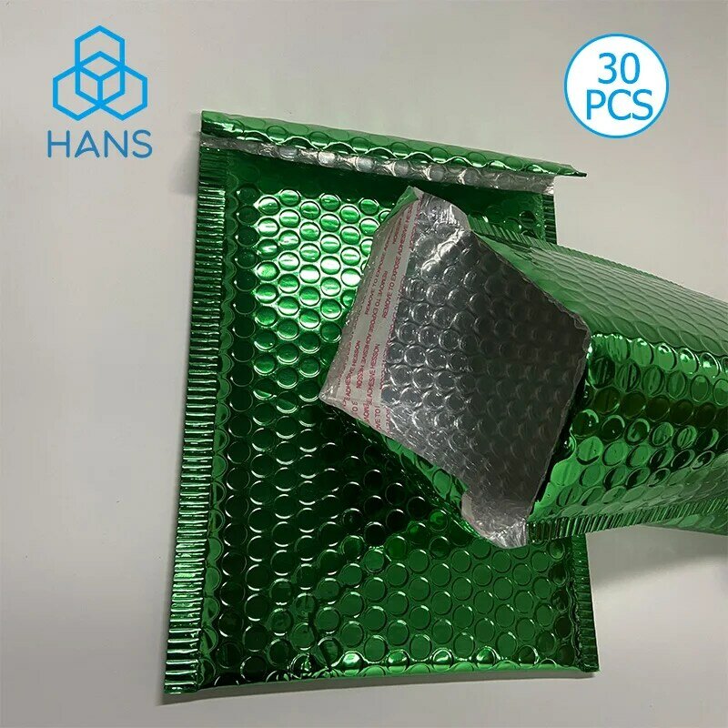 Acolchados sobres de plástico de burbujas, bolsas de envío de polietileno, color verde metálico, 30 piezas, 18x23cm