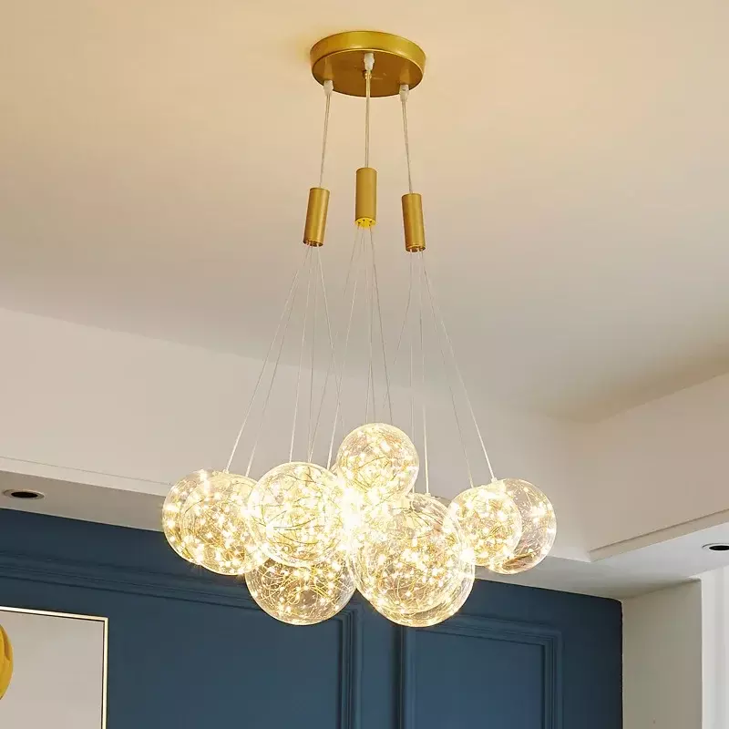 Lampu gantung bola kaca Nordic, lampu gantung kristal gelembung emas dekorasi rumah ruang makan ruang tamu