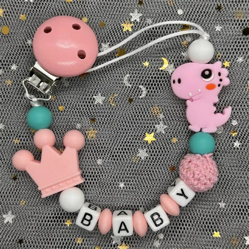Hot Sale Custom Personalized Name Handmade Pacifier Clip Holder Silicone Dinosaur Pacifier Chain Baby Teether Teether Chain Gift