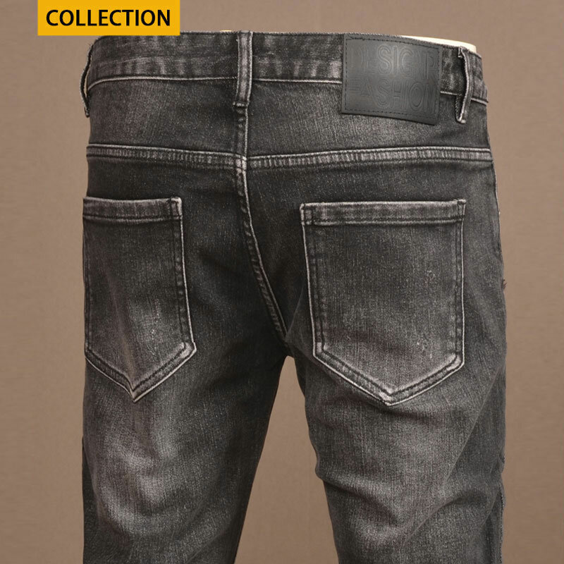 Fashion Streetwear Men Jeans Retro Black Gray Elastic Slim Fit Ripped Jeans Men Vintage Designer Denim Pencil Pants Hombre