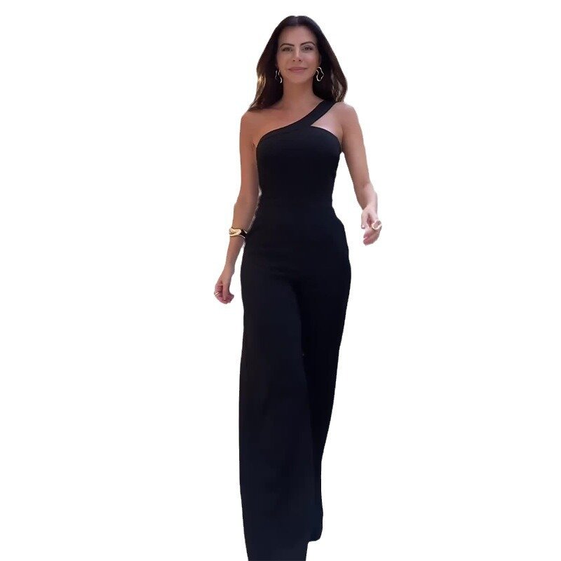 Wide Leg Pants Jumpsuits One Piece Solid Inclined Shoulder Overalls Rompers Ankle Length Pockets Casual High Waist Loose