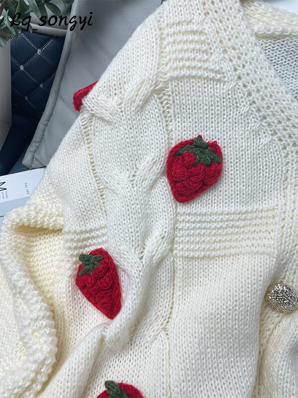 Beige Sweater Cardigan Strawberry Jacquard Knitted Coats 2022 Autumn Winter Sweet Girls Kawaii V Neck Jackets y2k Lq_songyi LQ6