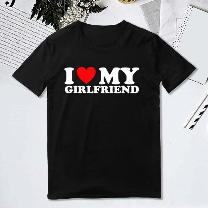 T-shirt à Manches Courtes et Col Rond pour Couple, Ensemble avec I Love My Girlfriend I Coussins My Girlfriend