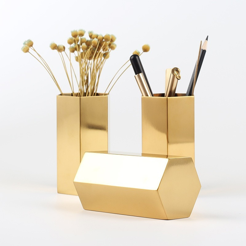 Hexagonal Pen Holder Stainless Steel Metal Desktop Ornament Nordic Stationery Pen Insert Golden Vase Makeup Brush Storage Box