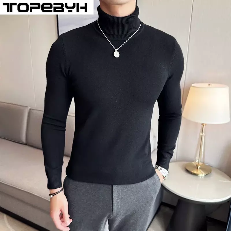 Męska zimowa na szyję dzianinowa sweter Slim Fit z długim rękawem sweter solidny kolor koszule odzież męska