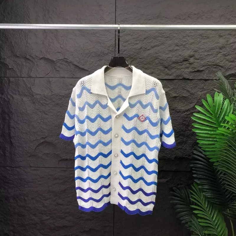 Camisas de punto con bordado Vintage para hombre, Tops de punto de manga corta con rayas degradadas para playa, cárdigans casuales de verano, CA