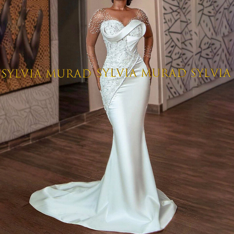 فستان زفاف برقبة V عميقة مع حبات دانتيل ، أكمام طويلة شفافة ، فساتين قطار البوق ، ثوب زفاف ، فاخر