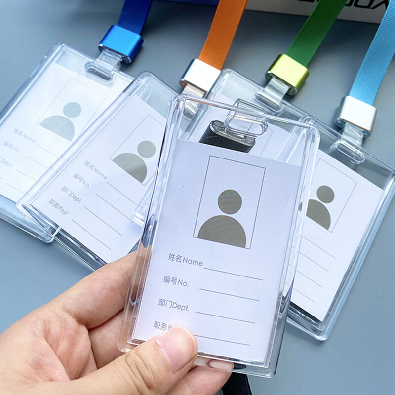 Transparent Sliding Cover Card Holder Students Bus Card Case With Lanyard Business Meeting Pass Tag ID Card Protector Case