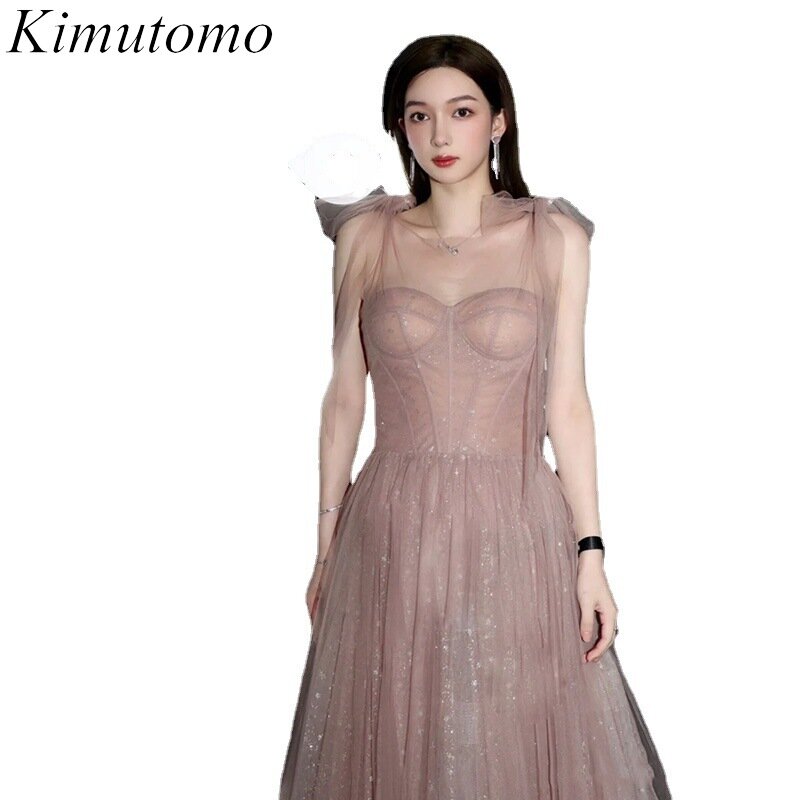 Vestido rosa de lantejoulas Kimutomo para mulheres, Vestidos de cintura alta com laço, Vestidos Midi sem alças doces
