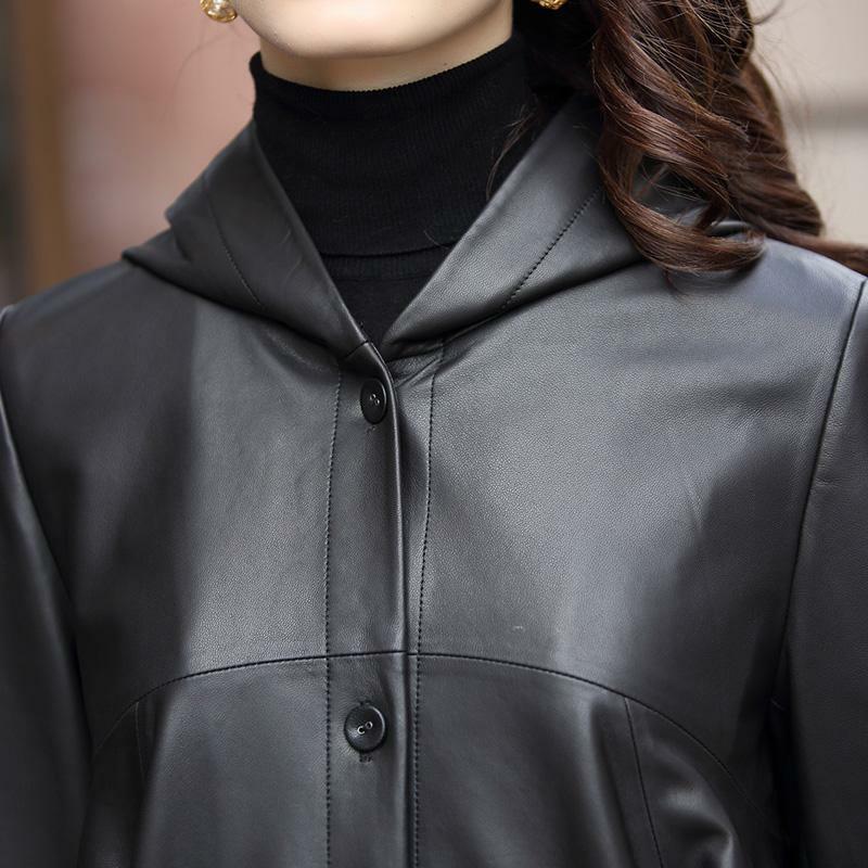 Женская черная кожаная куртка, овчина с капюшоном, Свободное пальто, длинный Тренч, натуральная кожа, отдых, большой размер, весна, осень
