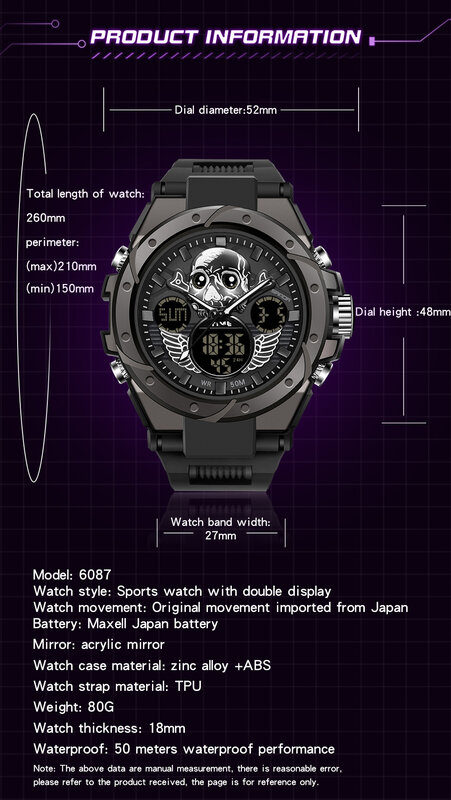 SANDA-Relógio impermeável do esporte para homens, relógio de pulso do exército militar, marca superior, relógio de caveira, display duplo, horas, 6087
