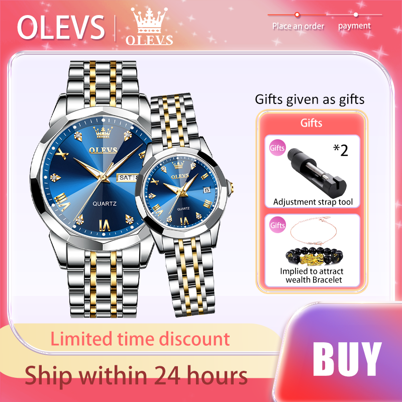 OLEVS-Montre de couple à surface miroir prismatique, montre à quartz, bracelet en acier inoxydable, homme et femme, marque supérieure, mode originale