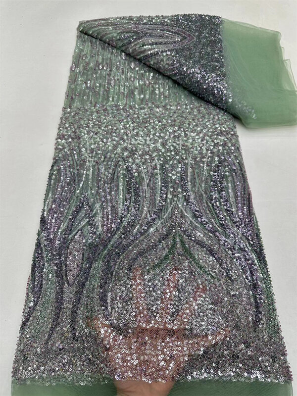 Nigeriano Handmade Beads Lace Fabric, luxuoso lantejoulas, bordado frisado, tecido de renda Africano para costura, alta qualidade, A01-3, 2024