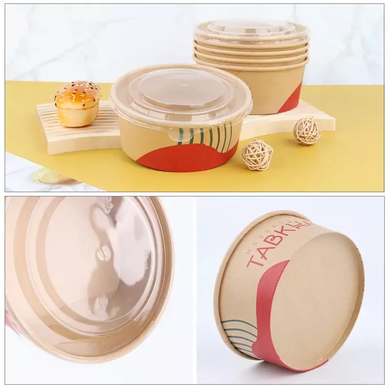 Customized productfood takeaway packaging disposable custom logo printing paper container salad bowls kraft paper bowl with lid
