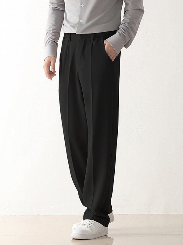 Wiosenne jesienne spodnie na co dzień męskie koreańskie modne rozciągnięte poliestrowe luźne drapowane spodnie proste spodnie męskie pół-szerokie spodnie