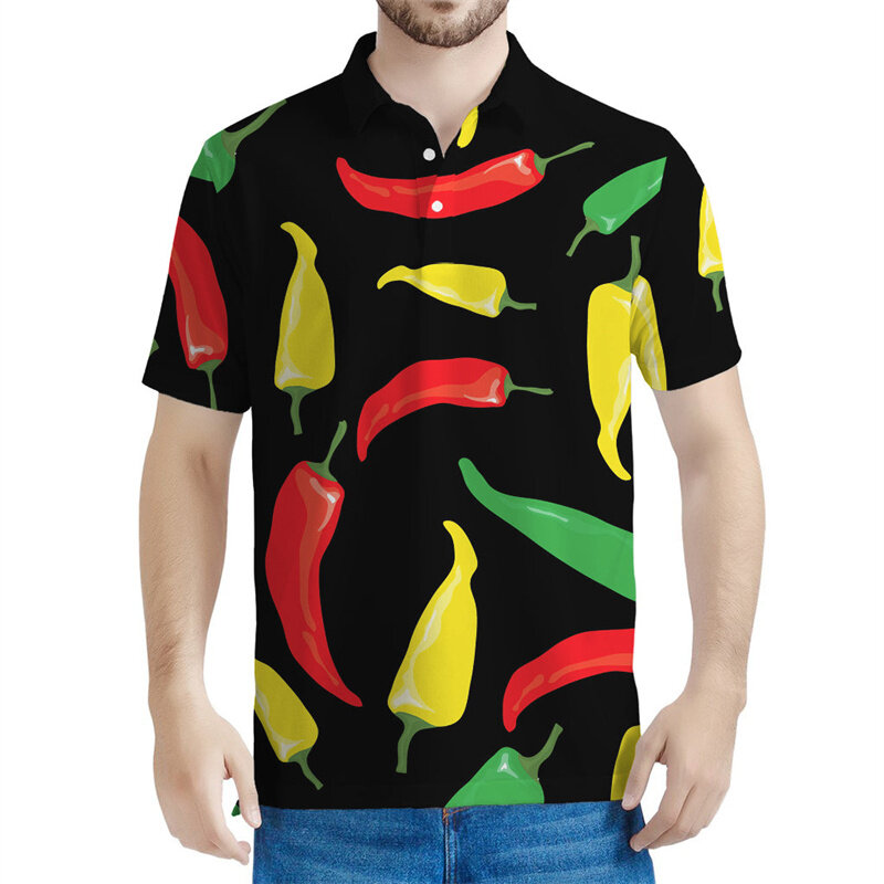 남녀공용 다채로운 페퍼스 그래픽 폴로 셔츠, 3D 프린트 칠리 티셔츠, 여름 반팔, 캐주얼 루즈 티셔츠