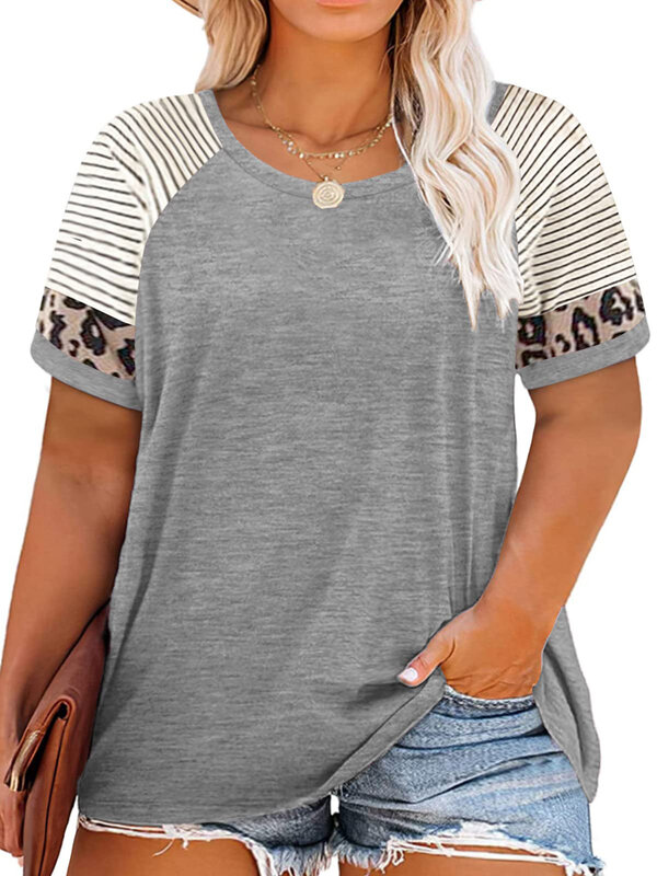 여성 플러스 사이즈 라글란 반팔 스트라이프 티셔츠, 2023 년 여름 라운드 넥 루즈핏 레오파드 프린트 캐주얼 티 탑