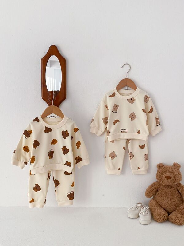 2024 Spring New Baby Long Sleeve Clothes Set Boy Girl Bear Print Sweatshirt + Pants 2pcs Suit Infant Toddler Casual Outfits