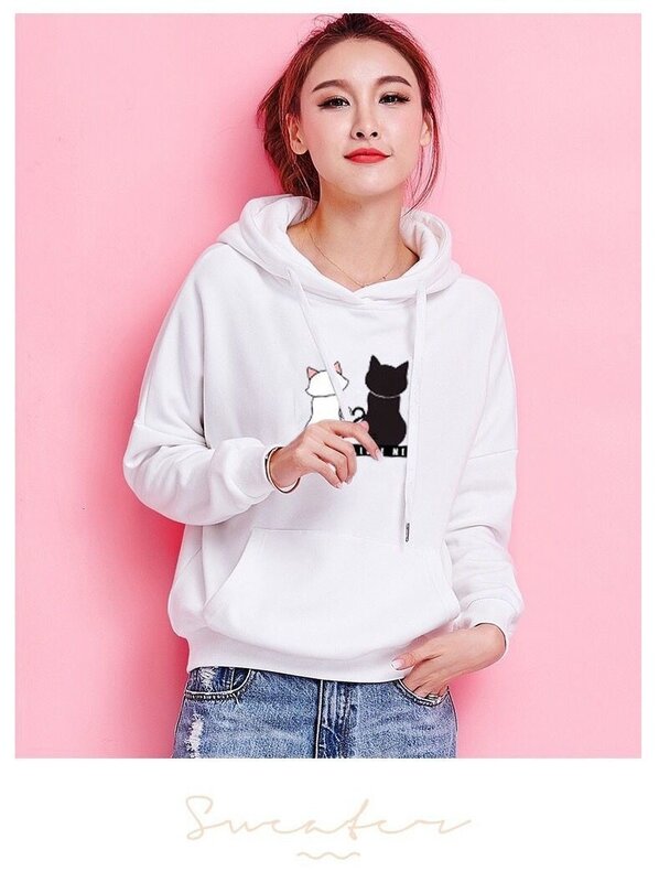 2024 Autumn/Winter New Couple Black Cat and White Cat Print Fashion Leisure Sports Hooded Sweater Loose Fleece Hooded Top