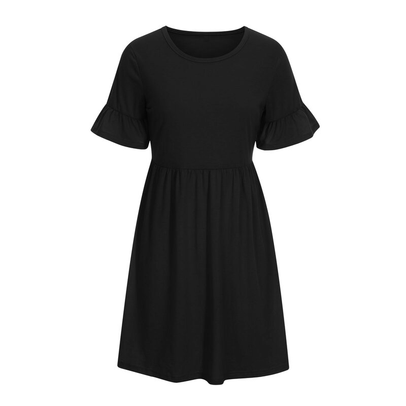 Gaun wanita musim panas warna hitam lengan pendek gaun A-line untuk wanita kasual leher bulat kantor wanita 2024 Vestidos baru