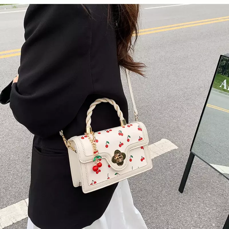 Sweet Cherry Square Chains Crossbody Bags for Woman Luxury Designer Brand  New Female Black Green Yellow Fruit Printing HandBag