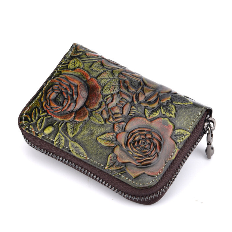 Padrão floral Carteira de couro genuíno para mulheres, com zíper, curto, crédito, titular do cartão de identificação, bolsa feminina, embreagem, bolsa de dinheiro, bolsa bifold