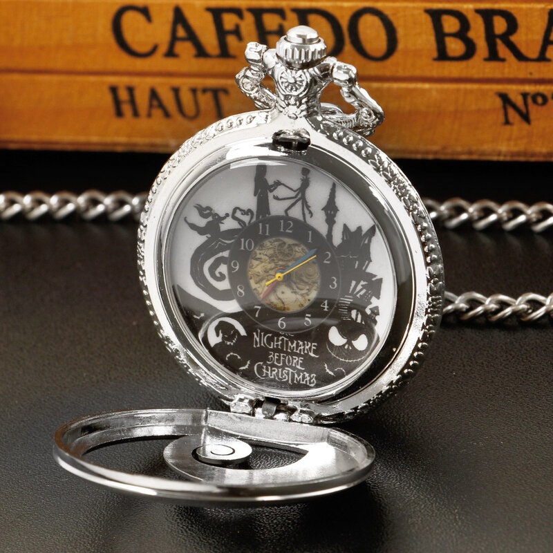 Reloj de bolsillo de cuarzo Steampunk para hombres y mujeres, collar de caja plateada, regalo de Navidad de Halloween, reloj de cadena colgante para parejas