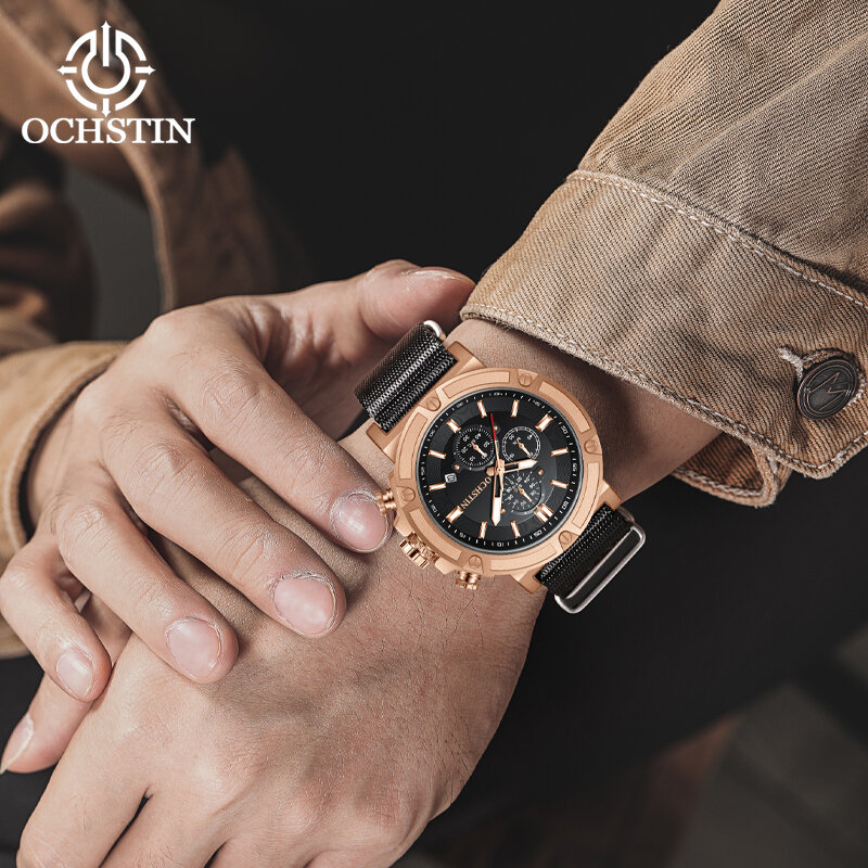 OCHSTIN jam tangan seri nilon kreatif baru jam tangan pergerakan kuarsa multifungsi jam tangan 2024 tren fashion jam tangan kuarsa pria