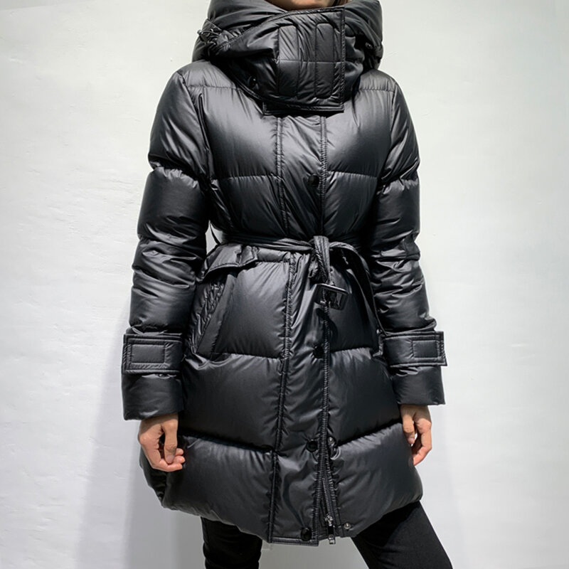 Fashion Women Hooded Down Jackets Light Luxury Temperament Solid Thicken Warm Female Coats Mid Length Thermal Outerwear