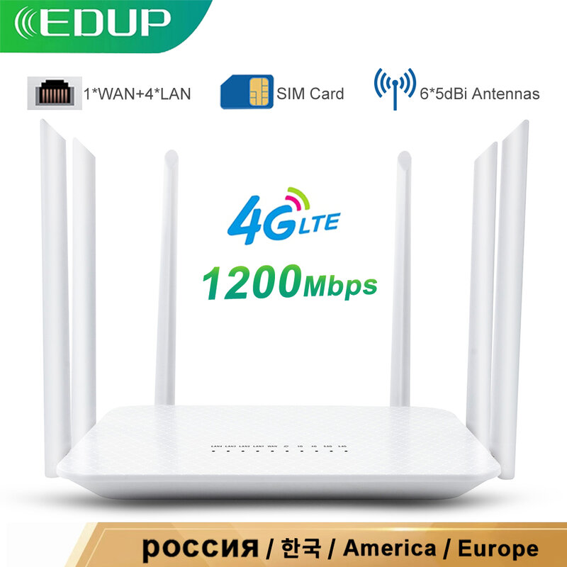 Wi-Fi роутер EDUP 4G WiFi Router 1200 Мбит/с Беспроводной WiFi роутер Слот для SIM-карты Rj45 Router LTE 2,4G/5GHz Dual Band 4G Wireless Router Hotspot